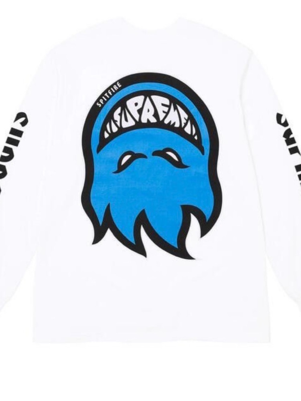 Supreme White Long Sleeve Tee with Blue & Black Spitfire Graphic